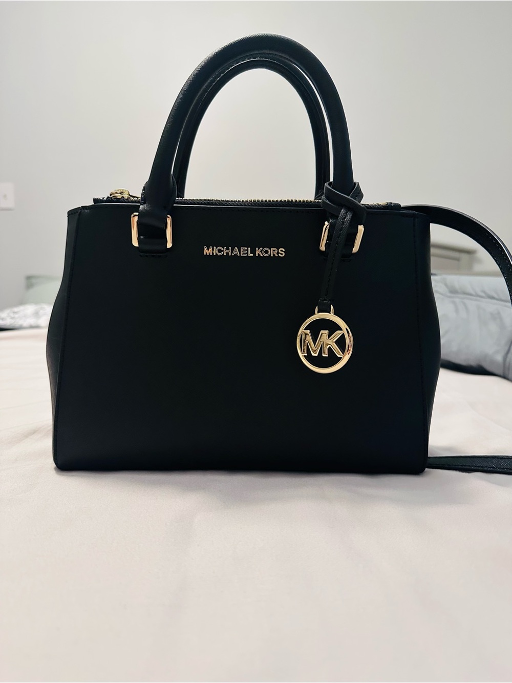 Michael Kors Black Leather Satchel with Gold Hardware